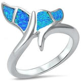 Nautical Jewelry Lab Created Blue Opal Whale Tail Ring 925 Sterling Silver