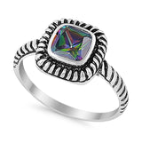 Princess Cut Simulated Rainbow Cubic Zirconia Oxidized Design Ring 925 Sterling Silver