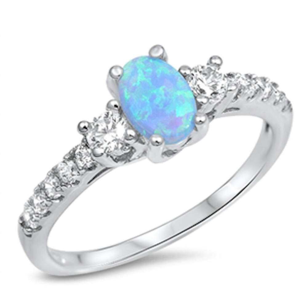 3 Stone Engagement Ring Oval Cut Lab Created Light Blue Opal Round 925 Sterling Silver