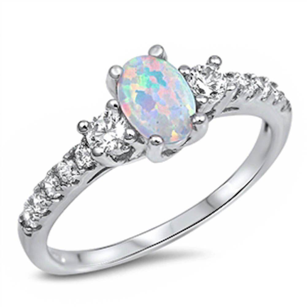 3 Stone Engagement Ring Oval Cut Lab Created White Opal Round 925 Sterling Silver