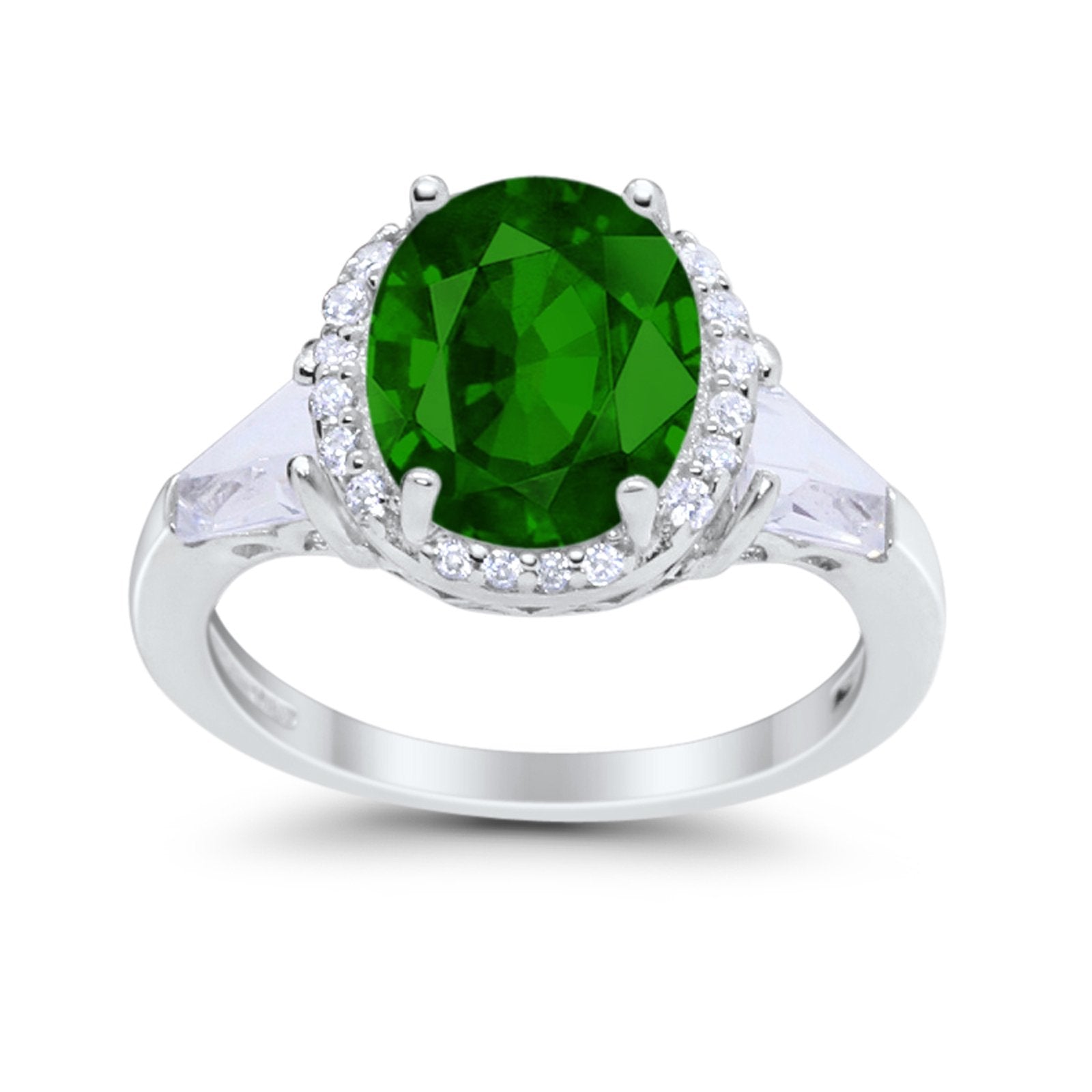 Oval Wedding Engagement Ring Baguette Round Simulated Green Emerald CZ 925 Sterling Silver