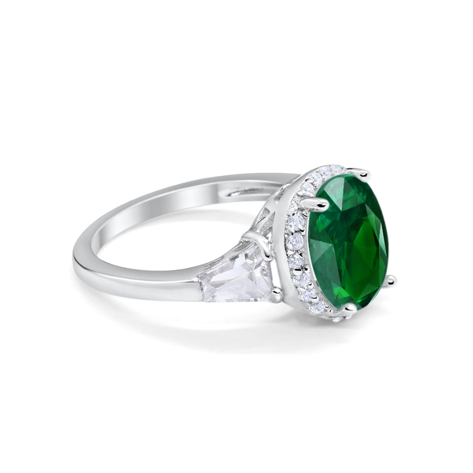 Oval Wedding Engagement Ring Baguette Round Simulated Green Emerald CZ 925 Sterling Silver