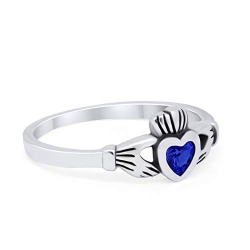 Irish Claddagh Simulated Blue Sapphire CZ Heart Promise Ring 925 Sterling Silver