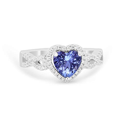 Halo Wedding Heart Promise Ring Simulated Tanzanite CZ 925 Sterling Silver