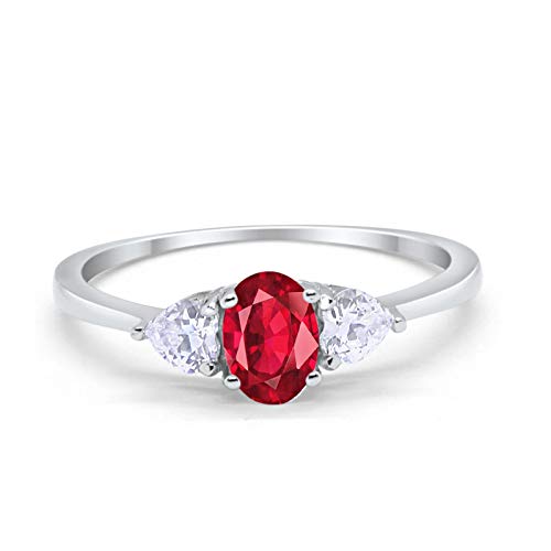 3-Stone Fashion Promise Ring Oval Simulated Ruby Cubic Zirconia 925 Sterling Silver