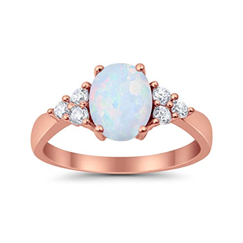 Accent Rose Tone, Lab Created White Opal Wedding Ring 925 Sterling Silver