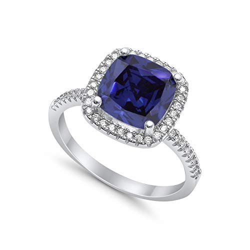 Halo Cushion Engagement Ring Simulated Blue Sapphire CZ  925 Sterling Silver