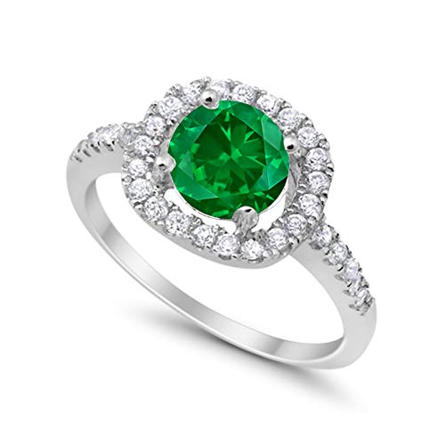 Solitaire Accent Halo Wedding Ring Round Simulated Green Emerald CZ 925 Sterling Silver