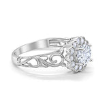 Halo Art Deco Wedding Ring Round Simulated Cubic Zirconia 925 Sterling Silver