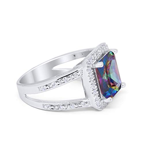 Halo Split Shank Engagement Ring Simulated Rainbow CZ 925 Sterling Silver