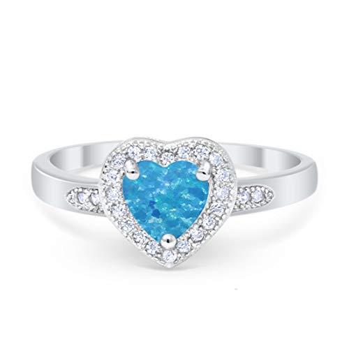 Halo Heart Promise Ring Round Lab Created Blue Opal 925 Sterling Silver