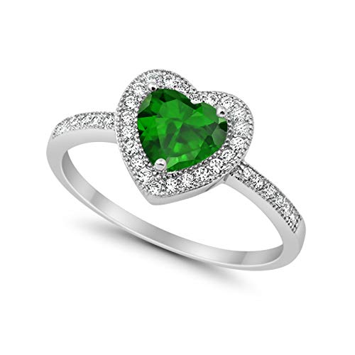 Halo Dazzling Heart Promise Ring Simulated Green Emerald CZ 925 Sterling Silver