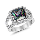 Halo Split Shank Engagement Ring Simulated Rainbow CZ 925 Sterling Silver