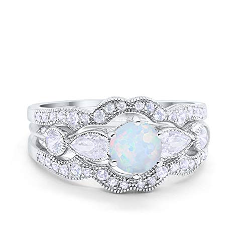 Three Piece Bridal Wedding Promise Ring Lab White Opal 925 Sterling Silver
