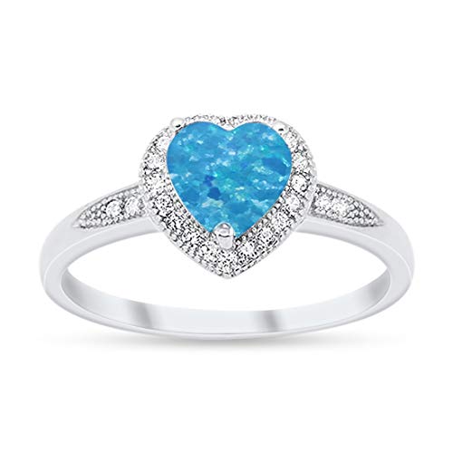 Halo Heart Promise Ring Round Lab Created Blue Opal 925 Sterling Silver