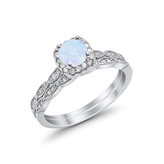 Halo Wedding Bridal Ring Band Set Lab White Opal Simulated CZ 925 Sterling Silver