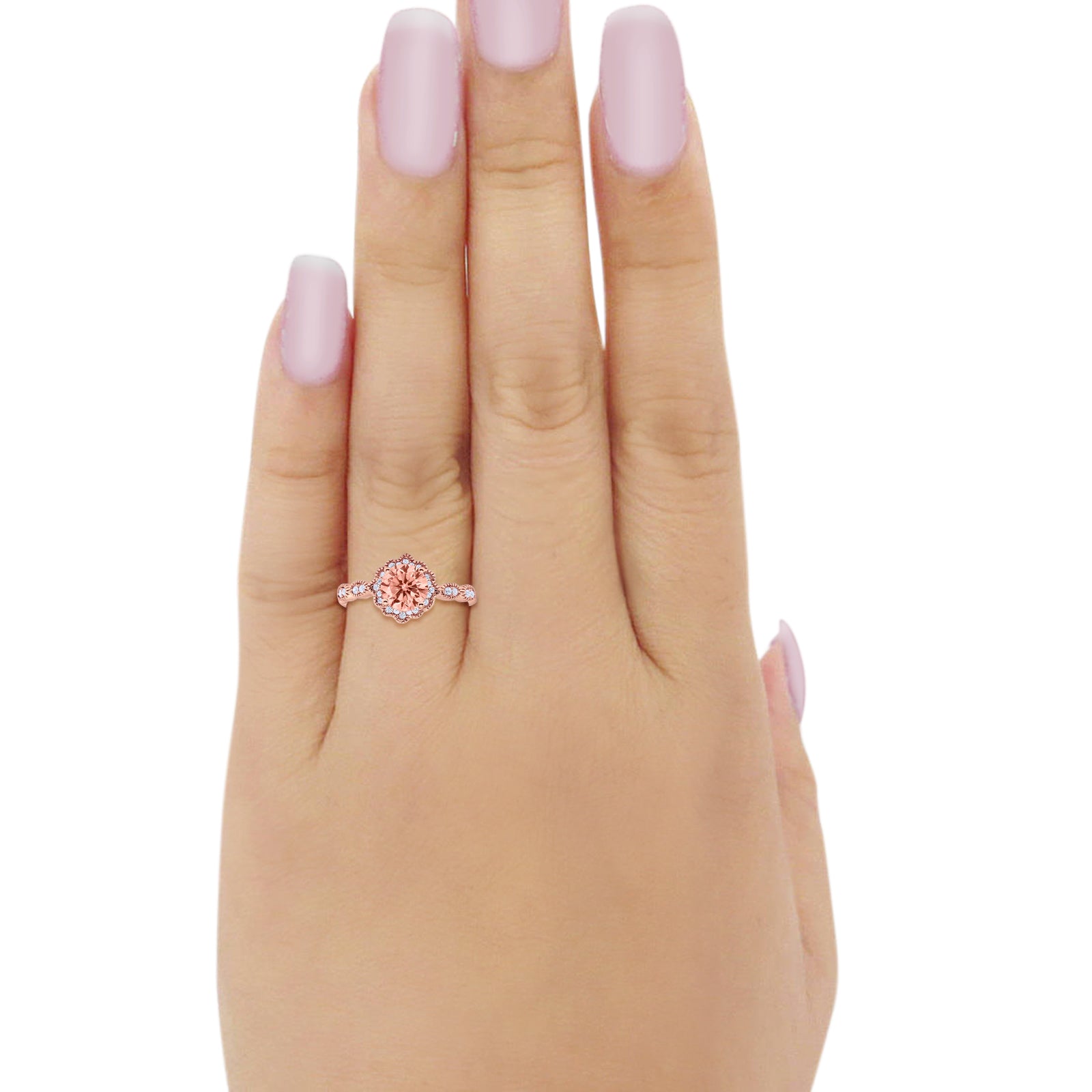 Floral Art Engagement Ring Round Rose Tone, Simulated Morganite CZ 925 Sterling Silver