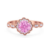 Halo Floral Art Deco Wedding Ring Rose Tone, Simulated Pink Morganite CZ 925 Sterling Silver