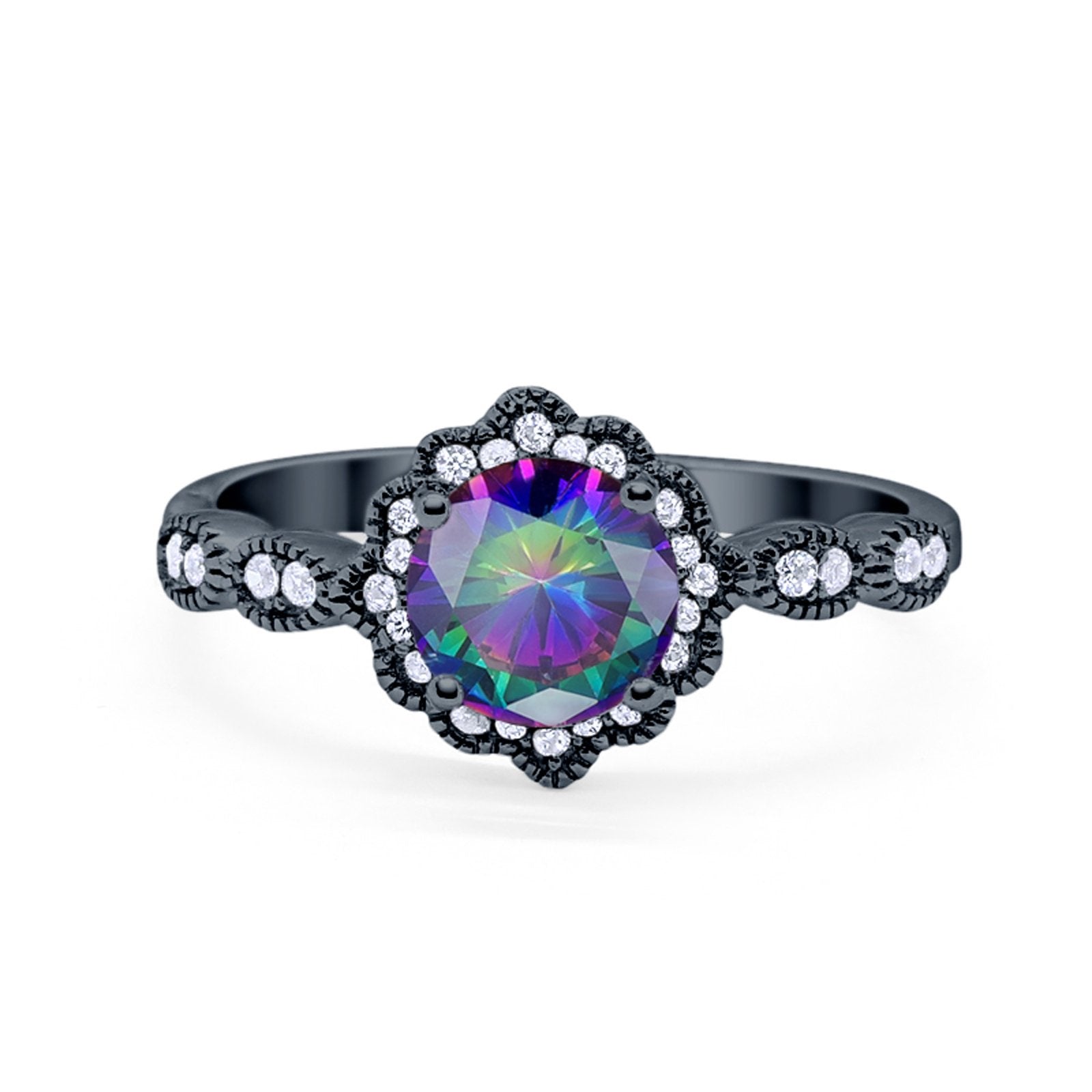 Halo Floral Art Deco Wedding Ring Black Tone, Simulated Rainbow CZ 925 Sterling Silver