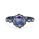 Halo Floral Art Deco Wedding Ring Black Tone, Simulated Rainbow CZ 925 Sterling Silver