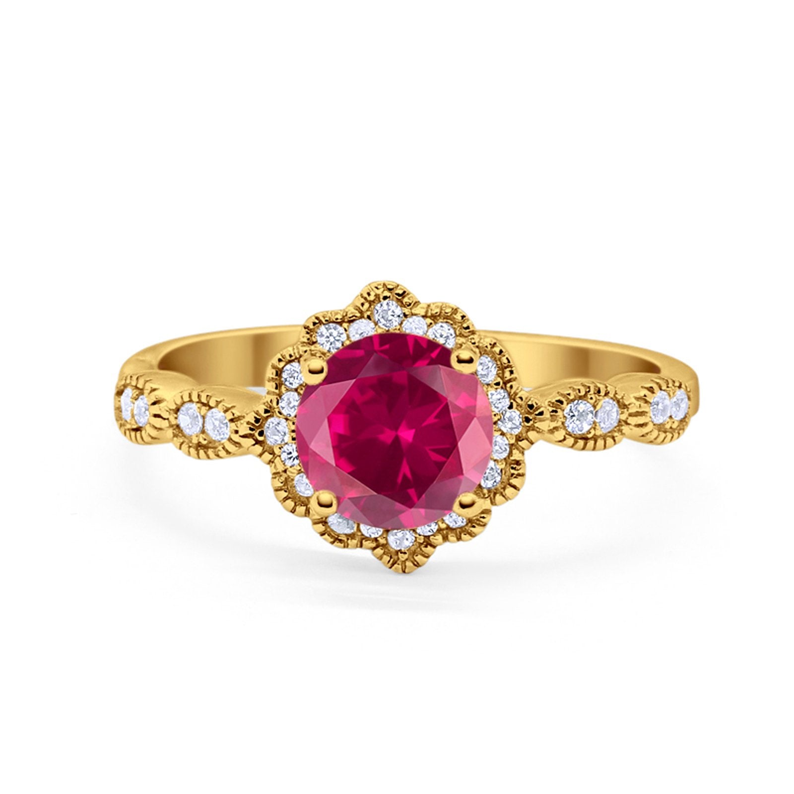 Halo Floral Art Deco Wedding Ring Yellow Tone, Simulated Ruby CZ 925 Sterling Silver