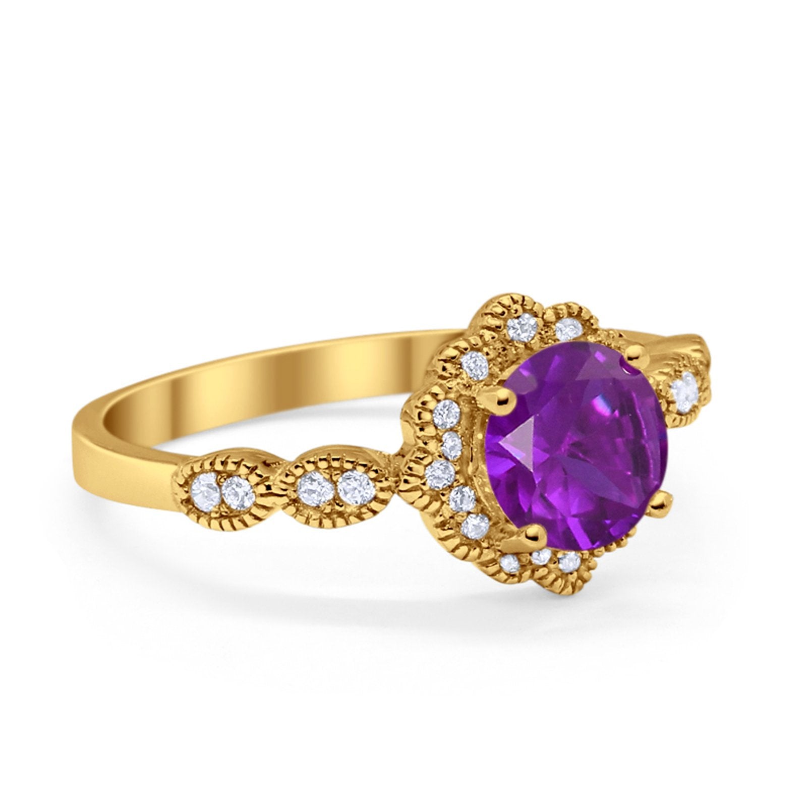 Halo Floral Art Deco Wedding Ring Yellow Tone, Simulated Amethyst CZ 925 Sterling Silver