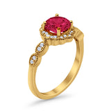 Halo Floral Art Deco Wedding Ring Yellow Tone, Simulated Ruby CZ 925 Sterling Silver