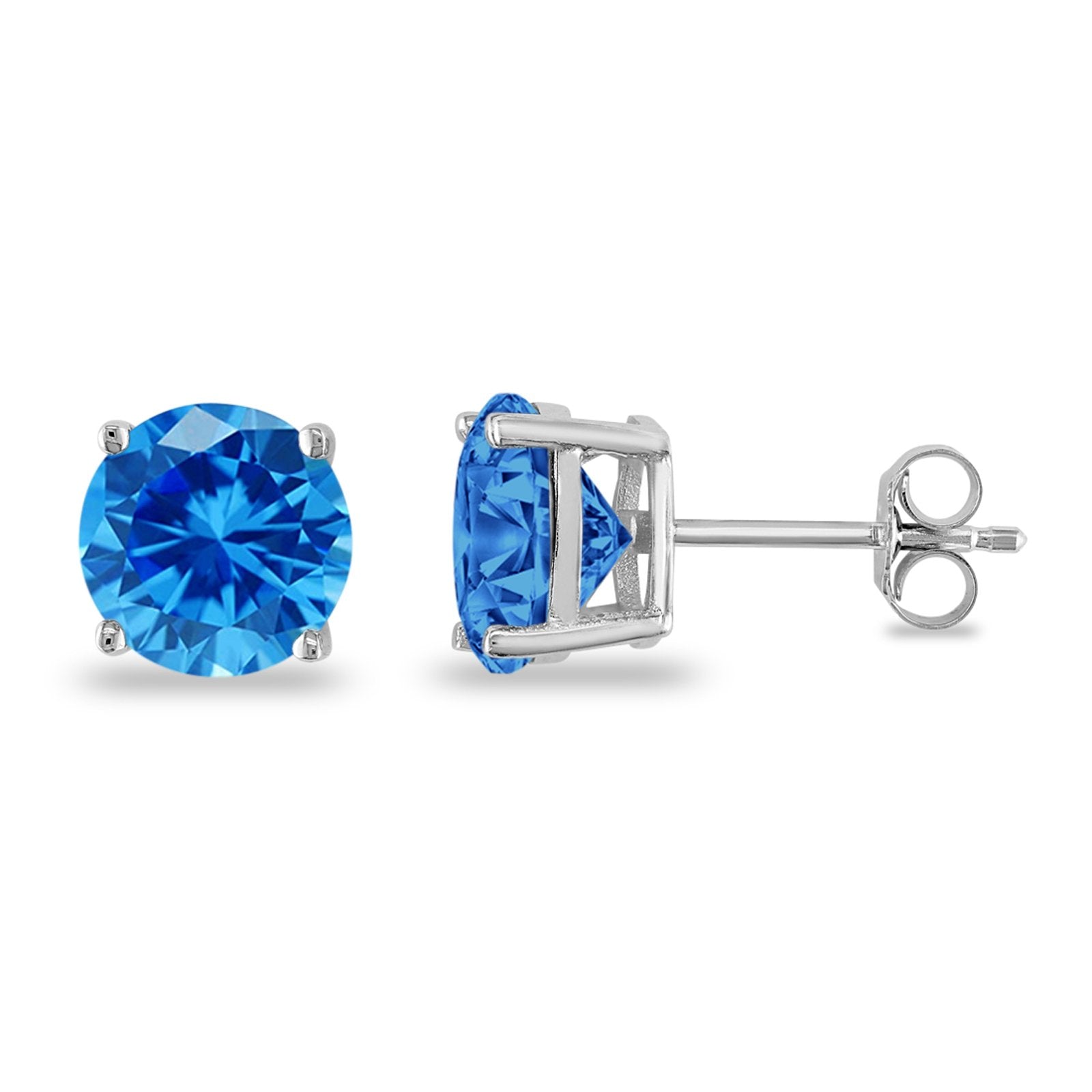 Butterfly Prong Round Simulated Blue Topaz CZ Stud Earrings 925 Sterling Silver