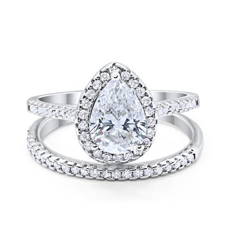 Teardrop Pear Bridal Set Engagement Ring Simulated Cubic Zirconia 925 Sterling Silver