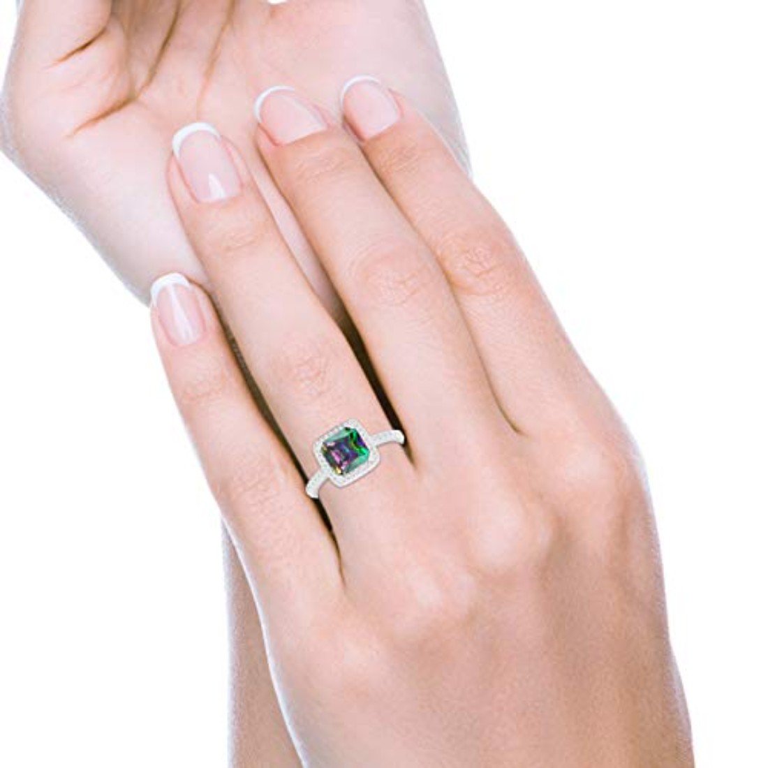 Halo Princess Cut Wedding Bridal Ring Simulated Rainbow CZ 925 Sterling Silver