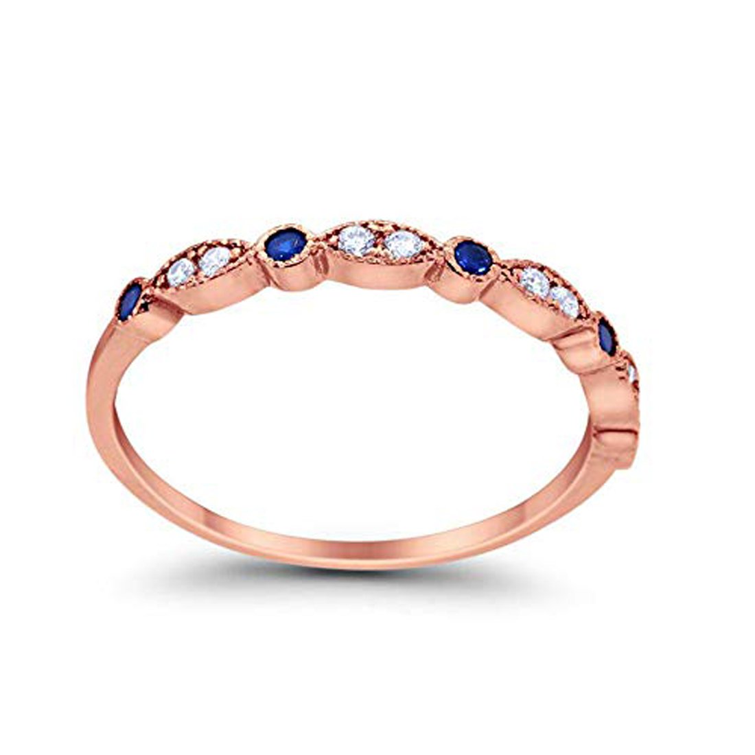 Half Eternity Wedding Band Round Rose Tone, Simulated Blue Sapphire CZ 925 Sterling Silver
