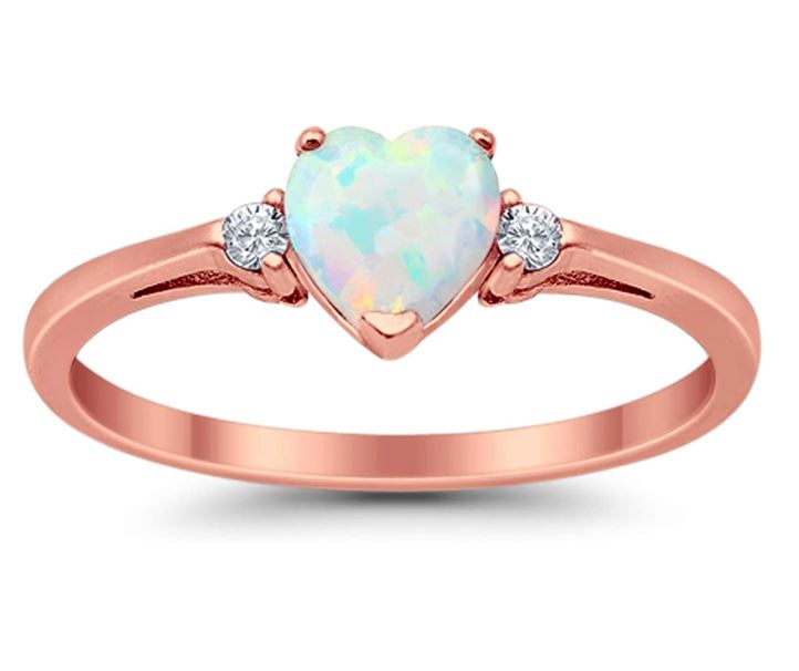 Promise Ring Rose Tone Heart Shape Lab Created White Opal Round CZ 925 Sterling Silver