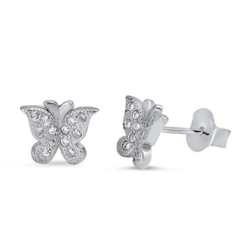Round Simulated Clear CZ Solid 925 Sterling Silver Butterfly Stud Earring