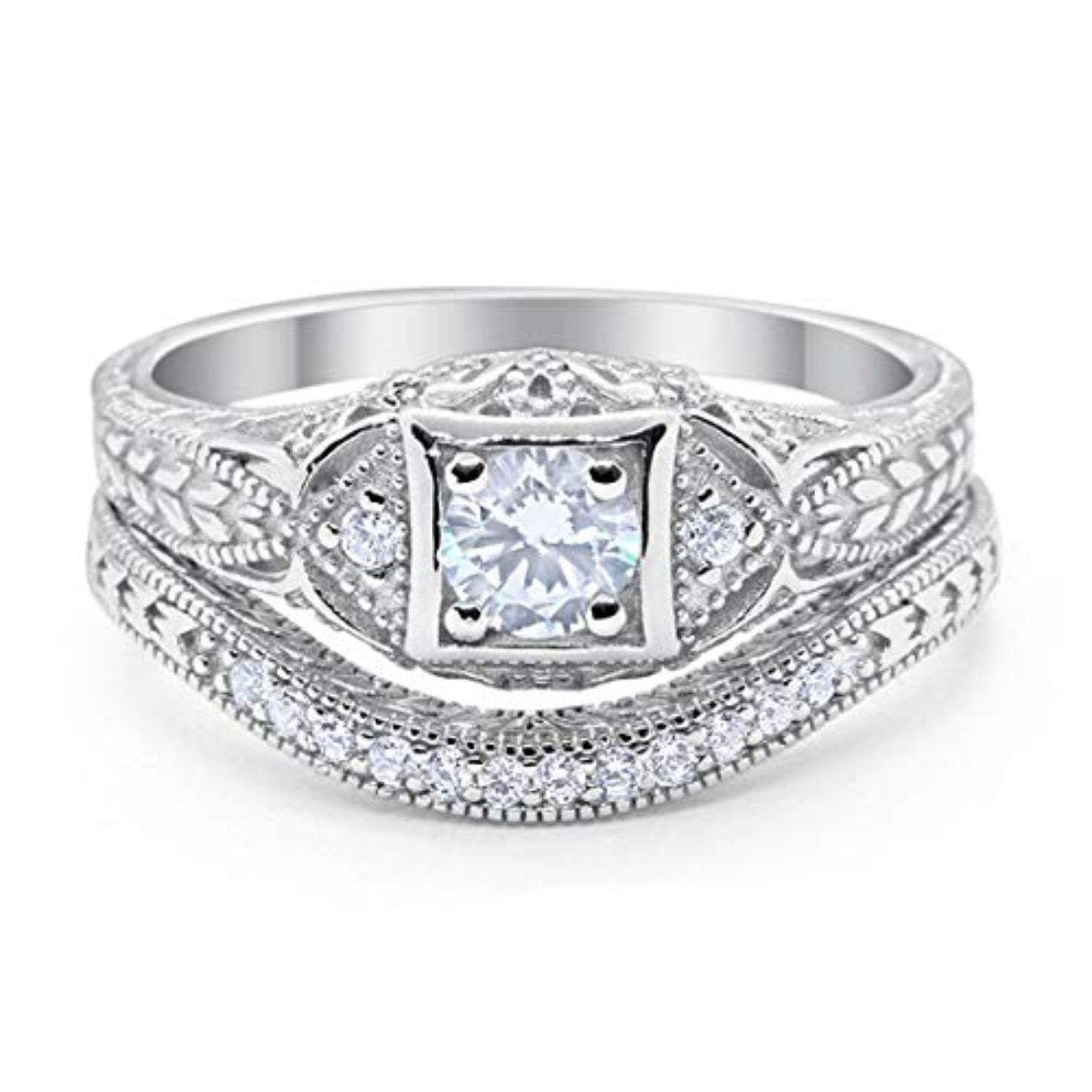 Vintage Style Two Piece Wedding Ring Bridal Simulated CZ 925 Sterling Silver