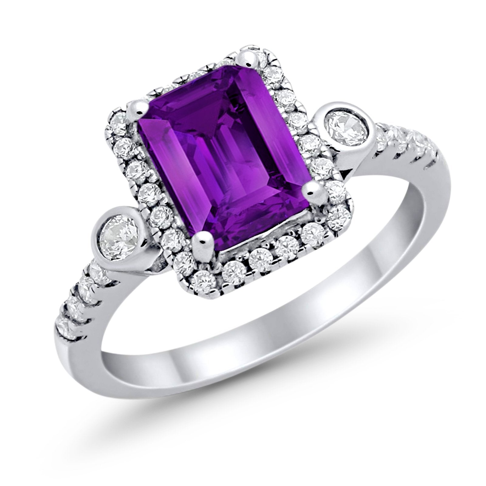 Halo Weddding Bridal Promise Ring Simulated Amethyst CZ 925 Sterling Silver