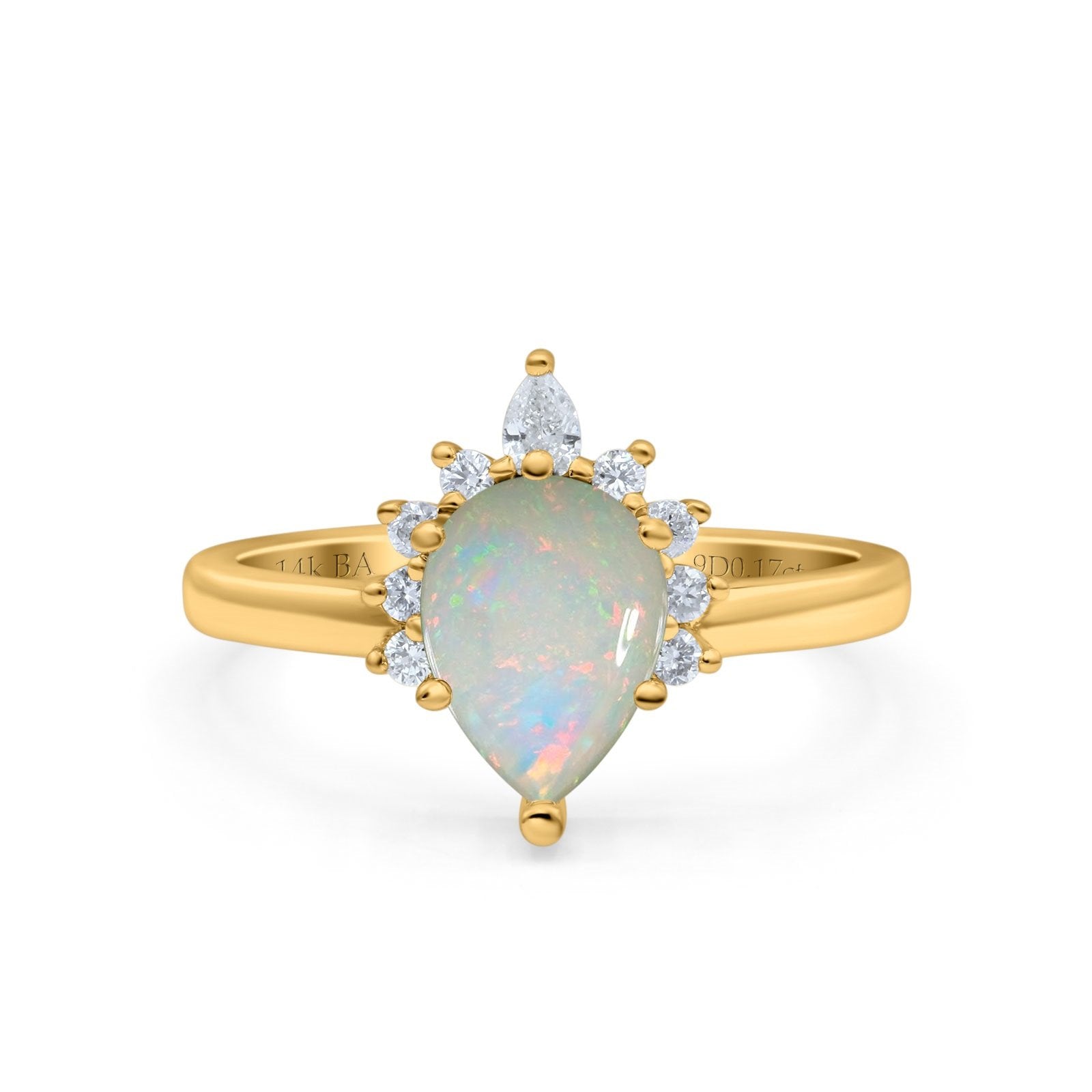 14K Yellow Gold 0.17ct Teardrop Art Deco Pear 9mmx6mm G SI Natural White Opal Diamond Engagement Wedding Ring Size 6.5