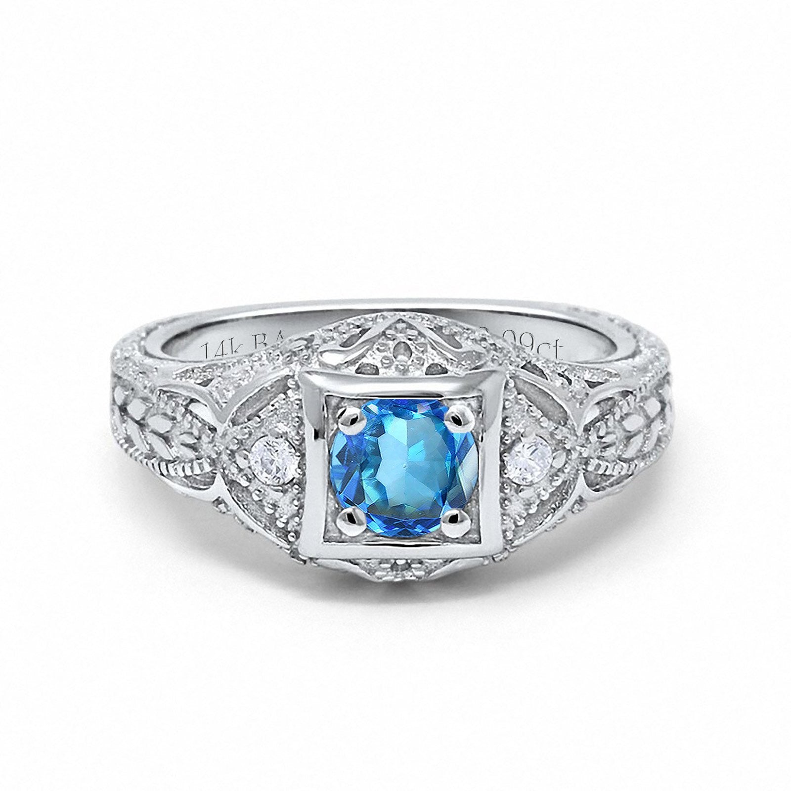 14K White Gold 0.15ct Round Antique Style 5mm G SI Natural Blue Topaz Diamond Engagement Wedding Ring Size 6.5