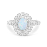 Vintage Style Art Deco Bezel Oval Ring 925 Sterling Silver Created White Opal