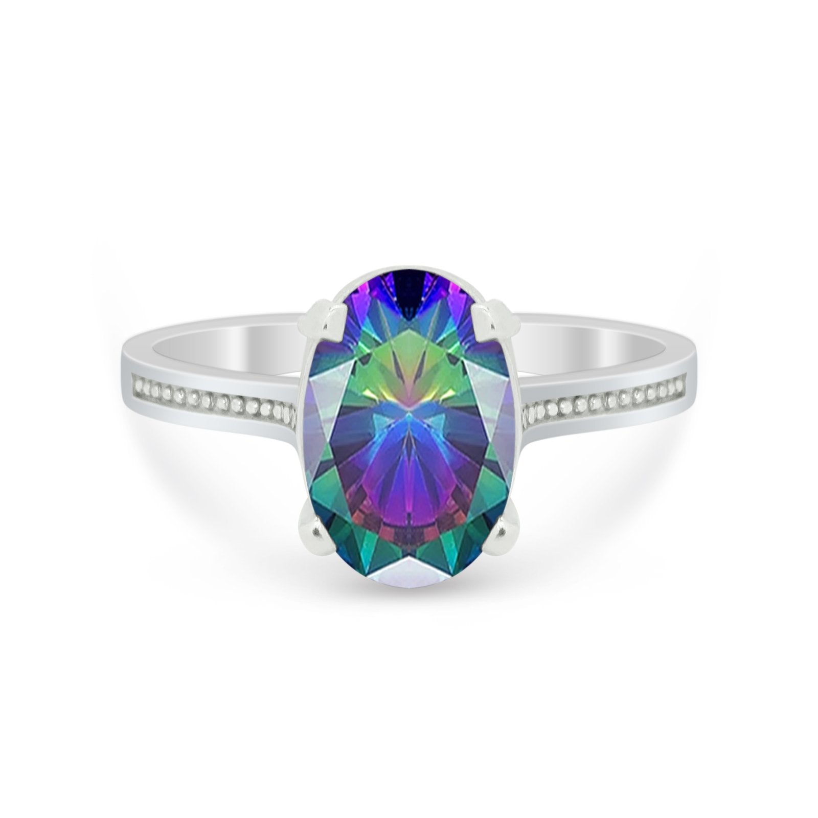Solitaire Oval Simulated Rainbow CZ Engagement Ring 925 Sterling Silver