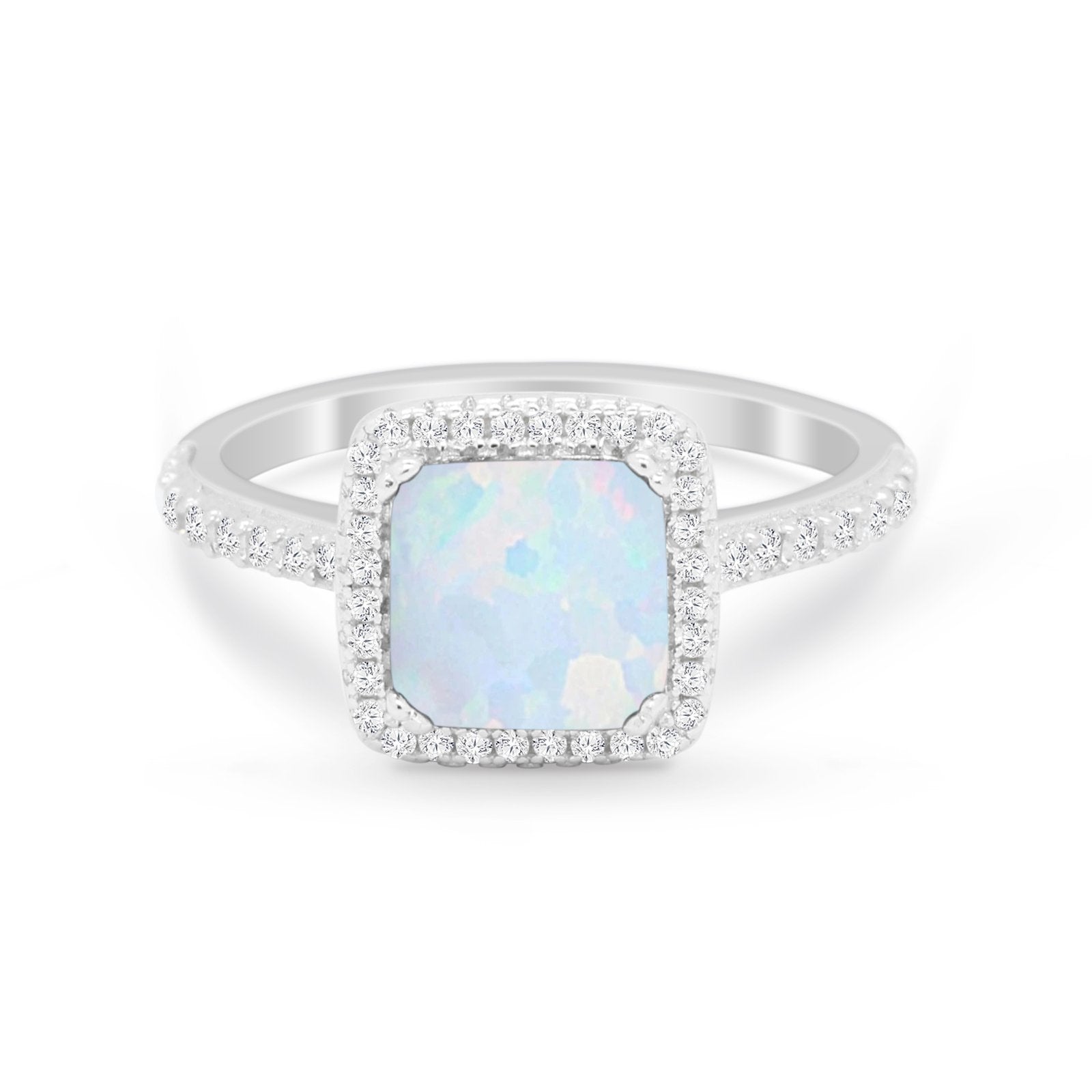 Halo Princess Cut Wedding Ring Lab Created White Opal 925 Sterling Silver