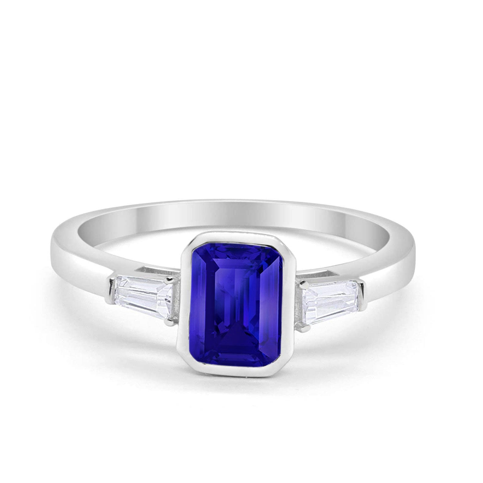 Three Stone Baguette Engagement Ring Simulated Blue Sapphire CZ 925 Sterling Silver