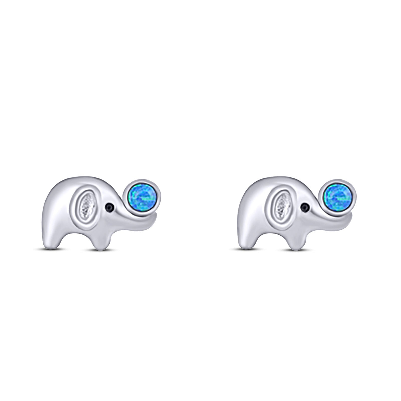 Elephant Designer Finish Animal Stud Earring Created Blue Opal Solid 925 Sterling Silver (6.4mm)