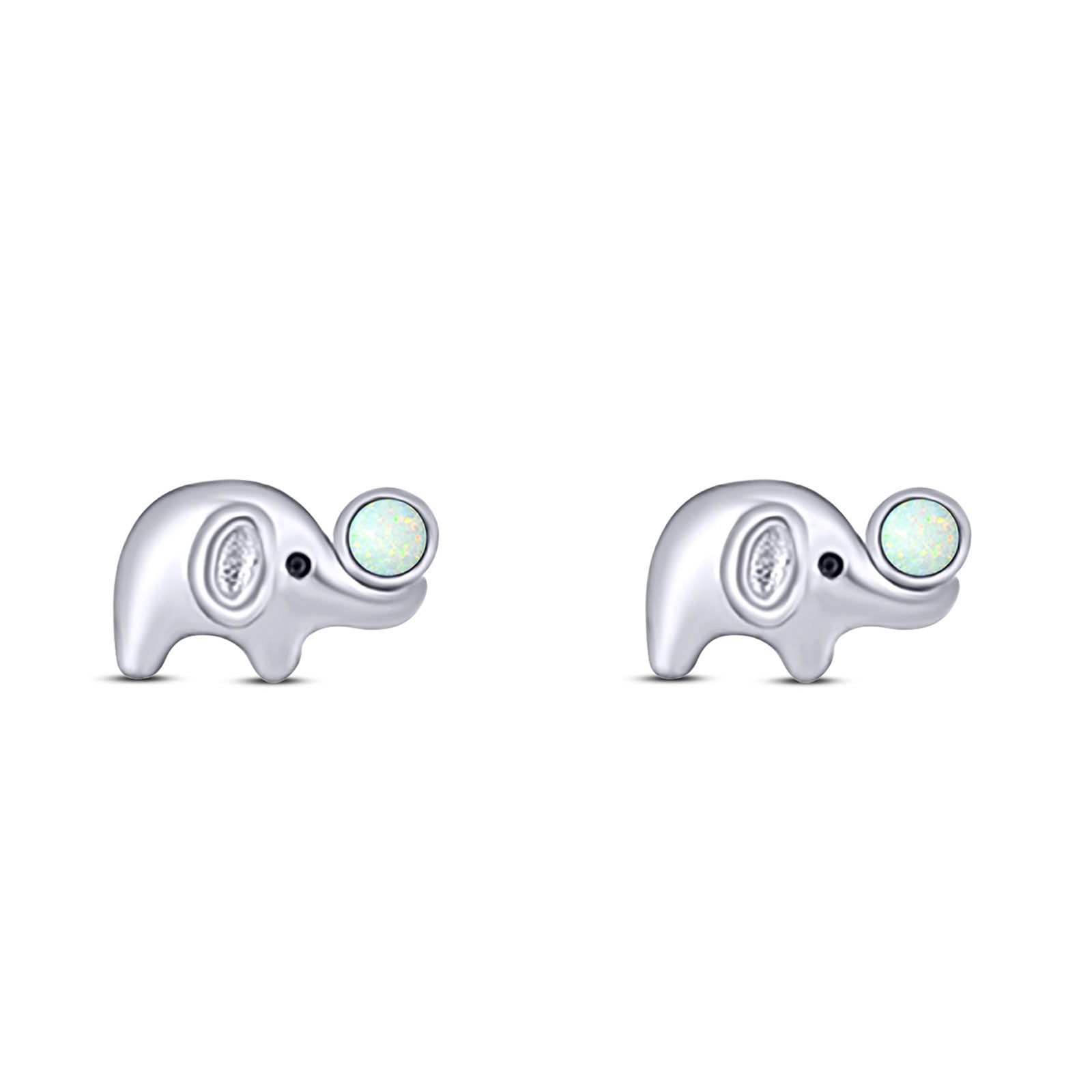 Elephant Designer Finish Animal Stud Earring Created White Opal Solid 925 Sterling Silver (6.4mm)