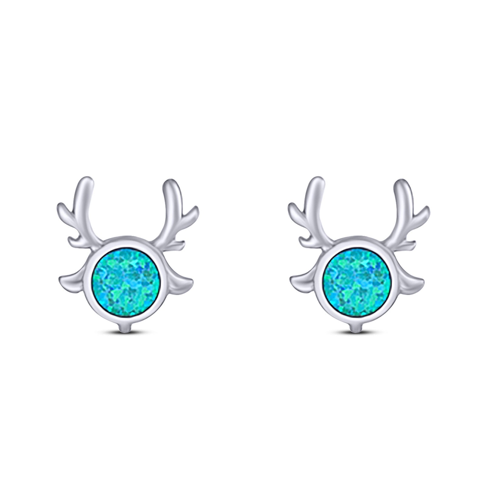 Deer Antler Stud Earring Created Blue Opal Solid 925 Sterling Silver (10.2mm)