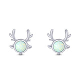 Deer Antler Stud Earring Created White Opal Solid 925 Sterling Silver (10.2mm)