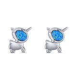 Unicorn Stud Earring Created Blue Opal Solid 925 Sterling Silver (9.8mm)