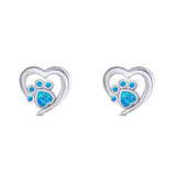 Heart & Paw Print Stud Earring Created Blue Opal Solid 925 Sterling Silver (9.1mm)