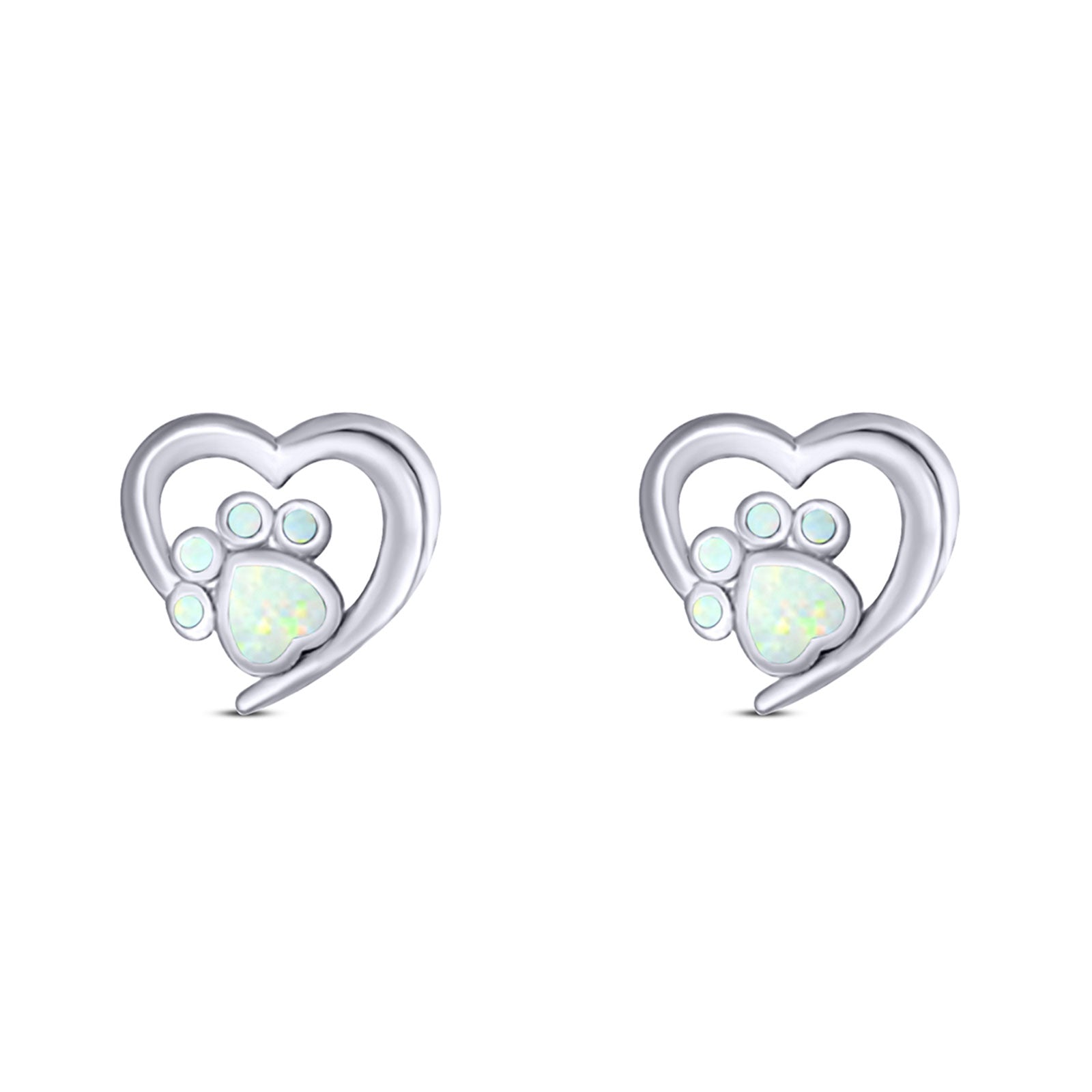 Heart & Paw Print Stud Earring Created Opal White Solid 925 Sterling Silver (9.1mm)