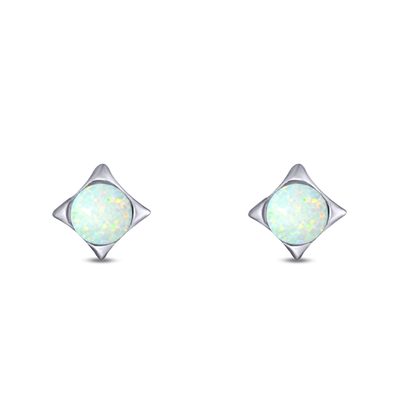 Square Round Created White Opal Solid 925 Sterling Silver (4.6mm)