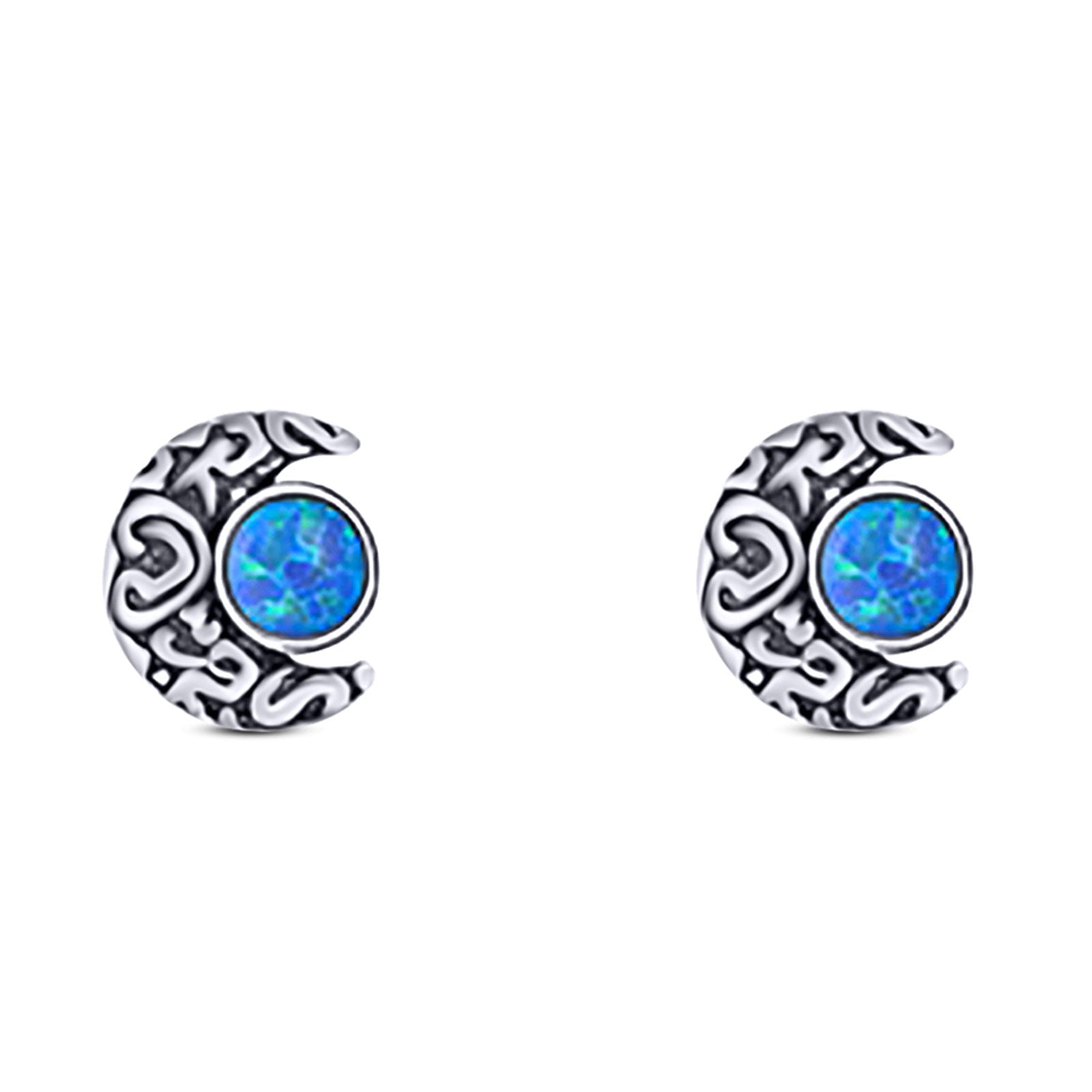 Moon Round Created Blue Opal Solid 925 Sterling Silver (6.6mm)